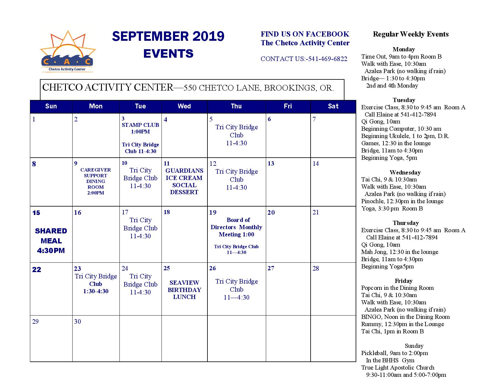 September Events Calendar Chetco Activity Center