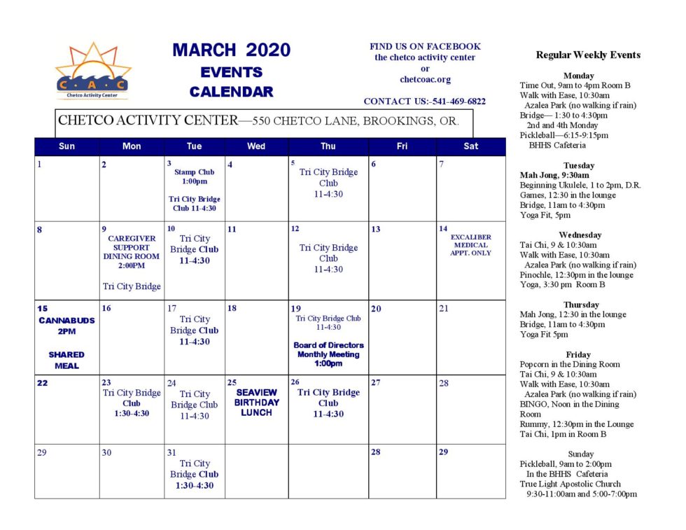 March 2020 Events Calendar | Chetco Activity Center