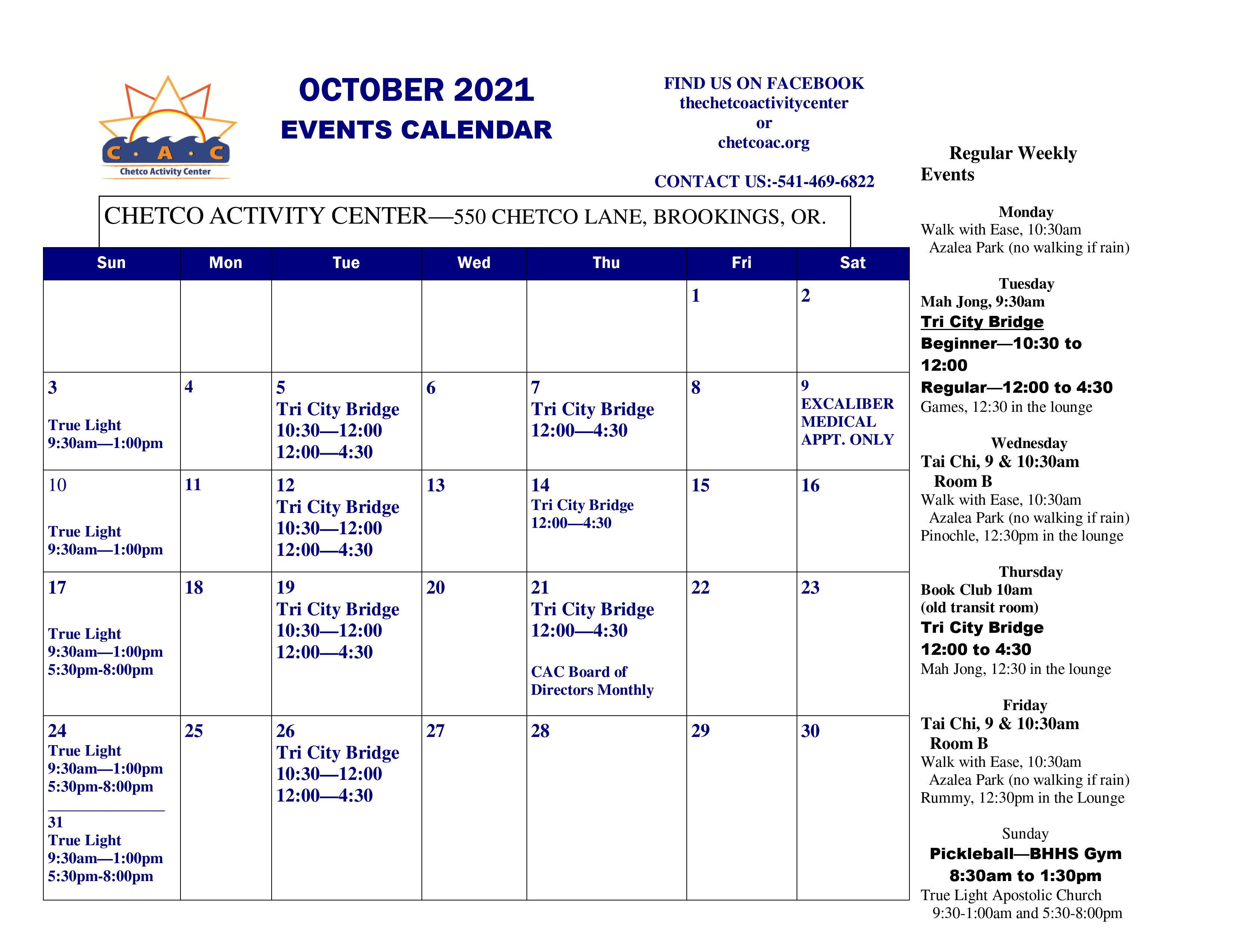 October Calendar of Events Chetco Activity Center