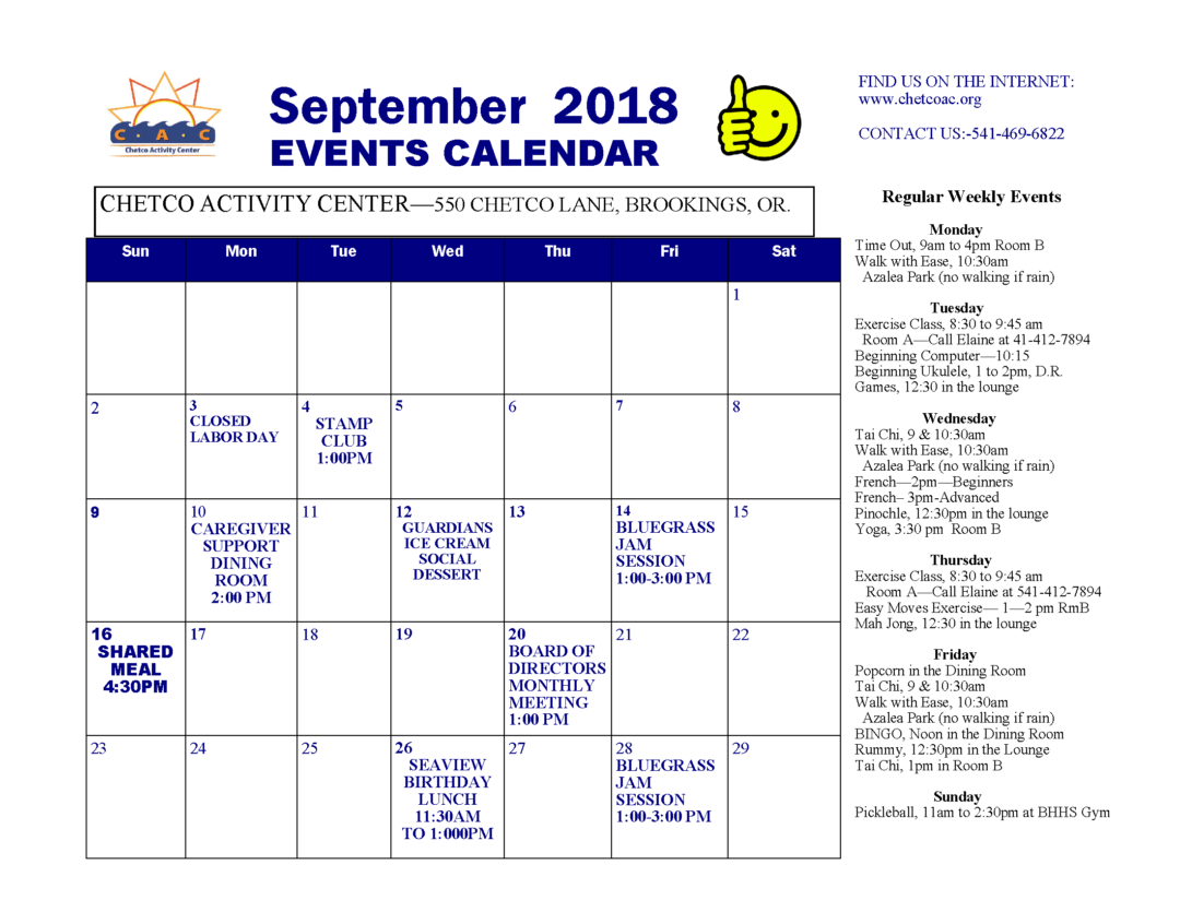 September Event Calendar Chetco Activity Center