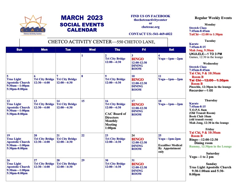 March 2023 Calendar of Events Chetco Activity Center