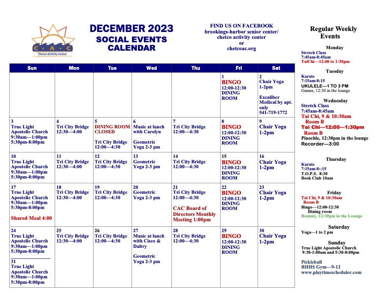 December Calendar of Events