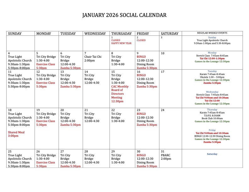 January Calendar of Events 2026